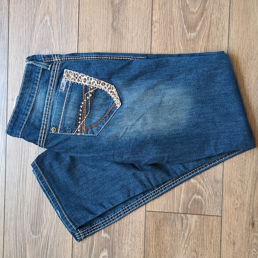 Cruel "Abby" Embellished Slim Bootcut Denim‎ Blue Jeans - Leopard Print - 9R